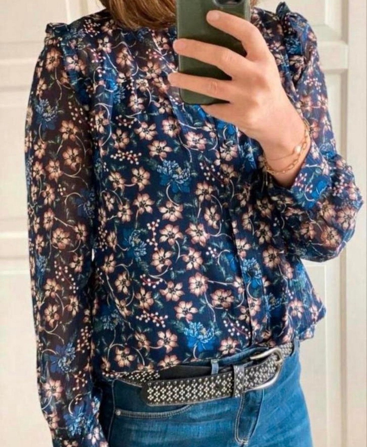 Suncoo donkerblauwe voile bloemetjes blouse met zilverdraad, Kleding | Dames, Ophalen of Verzenden, Zo goed als nieuw, Maat 38/40 (M)