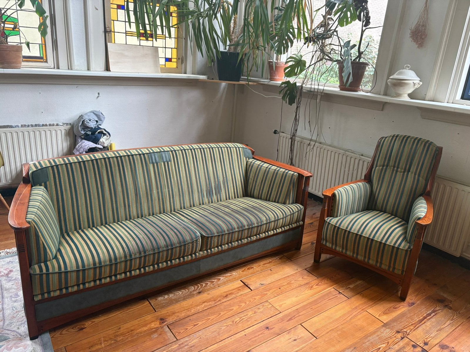 Art nouveau jugendstil hector bank & fauteuil, groen, Ophalen, Gebruikt, Stof, Art nouveau, Jugendstil