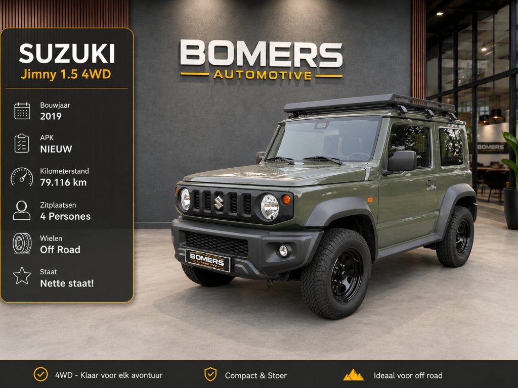 Goedkoopste Van NL 2x Suzuki Jimny 1.5 4x4 Off-Road Groen, Auto's, Suzuki, Stof, 4 cilinders, 102 pk, Stoelverwarming