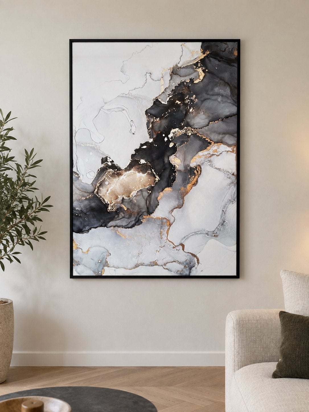 Abstracte Marmer Kunstprint - Zwart, Wit & Goud (83x123), Antiek en Kunst, Ophalen