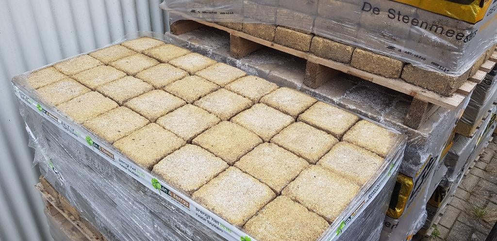 CobbleStones 14x14x6 getrommeld Oker kleur te koop, Tuin en Terras, Ophalen, Gebruikt, Overige typen, 10 m² of meer