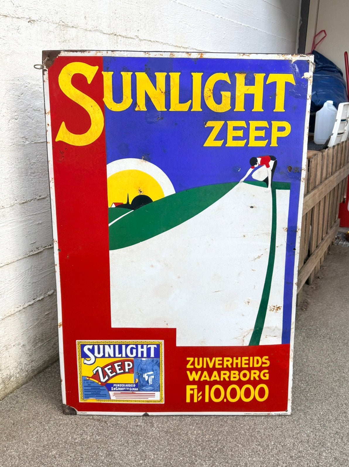 Emaille reclamebord Sunlight zeep Langcat Bussum, Ophalen, Gebruikt, Reclamebord