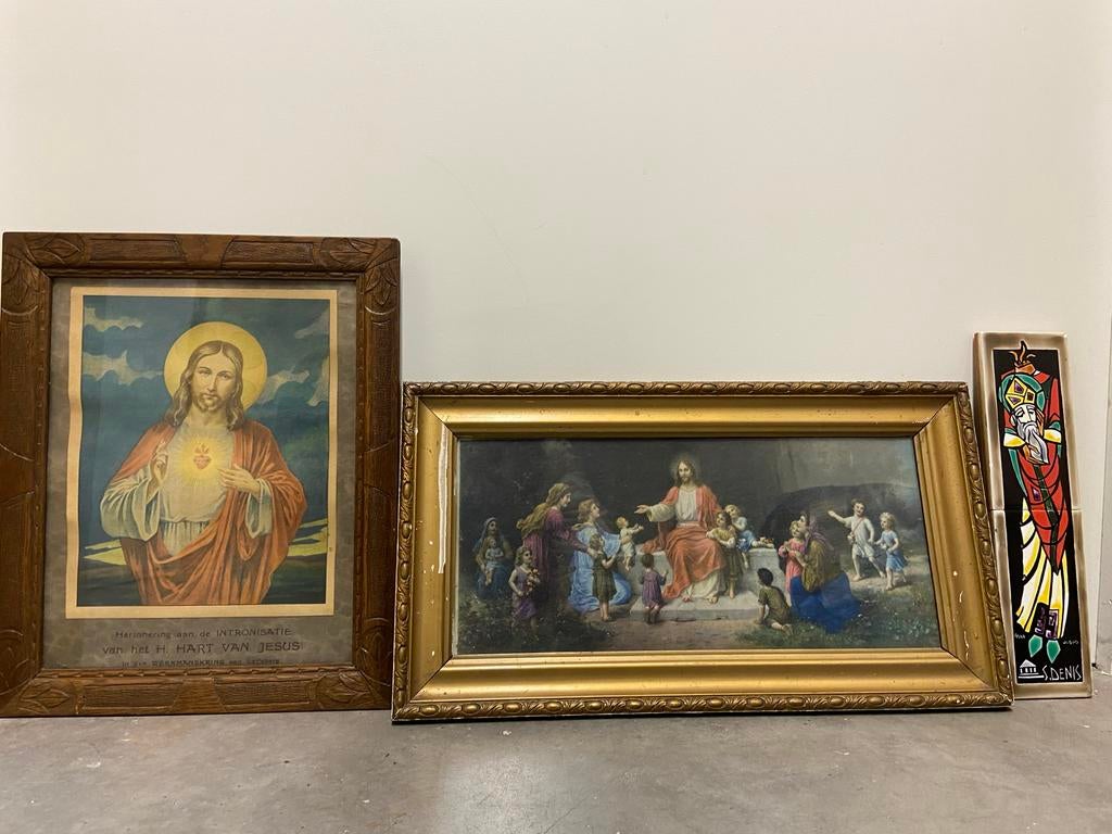 3 religieuze iconografie ingelijste antieke kunst, tegel, Verzenden