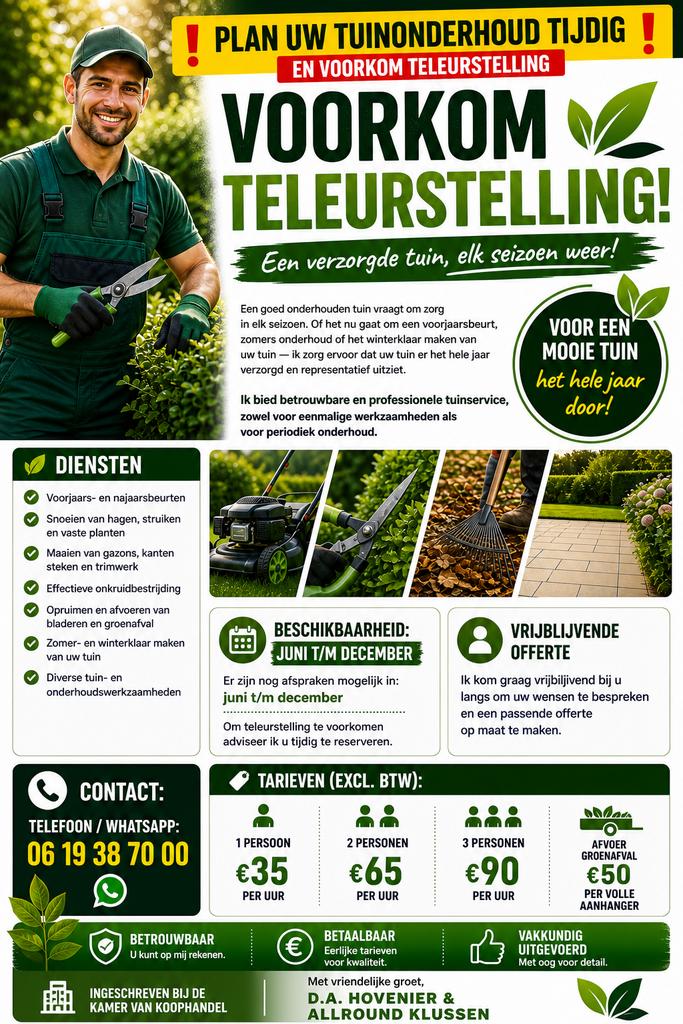 Tuinman / Hovenier voor al u klussen, Garantie, Tuinonderhoud of Snoeiwerk
