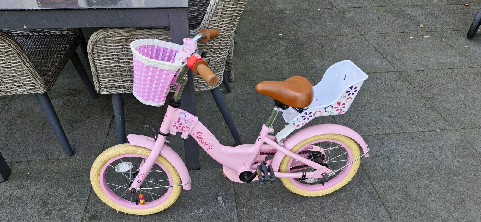 Roze kinderfiets Sweetie met mandje en poppenzitje, Ophalen, Terugtraprem, Minder dan 16 inch, Sweetie