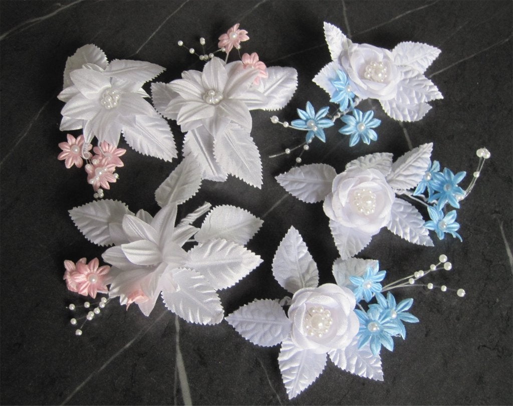 Brocante corsages - 3x blauw en 3x roze - met pareltjes, Ophalen of Verzenden