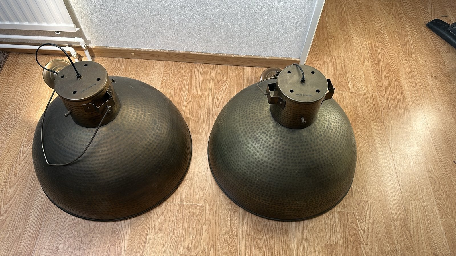 Set van 2 industriële hanglampen, koperkleurig, Ophalen, Zo goed als nieuw, Metaal, E27 (groot)