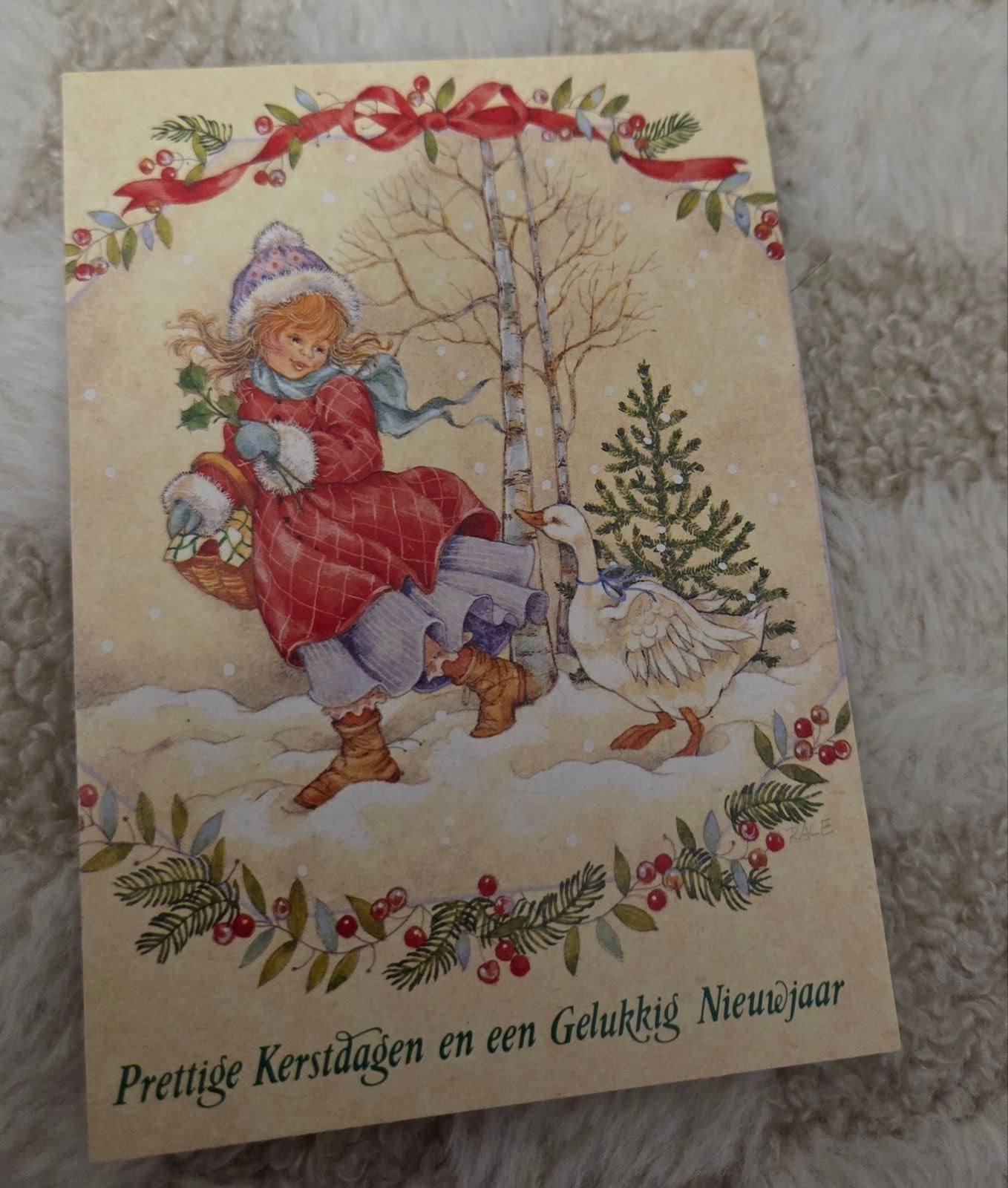 Vintage Kerstkaart - Meisje met Gans in de Sneeuw, Verzenden, 1980 tot heden, Ongelopen, Feest(dag)