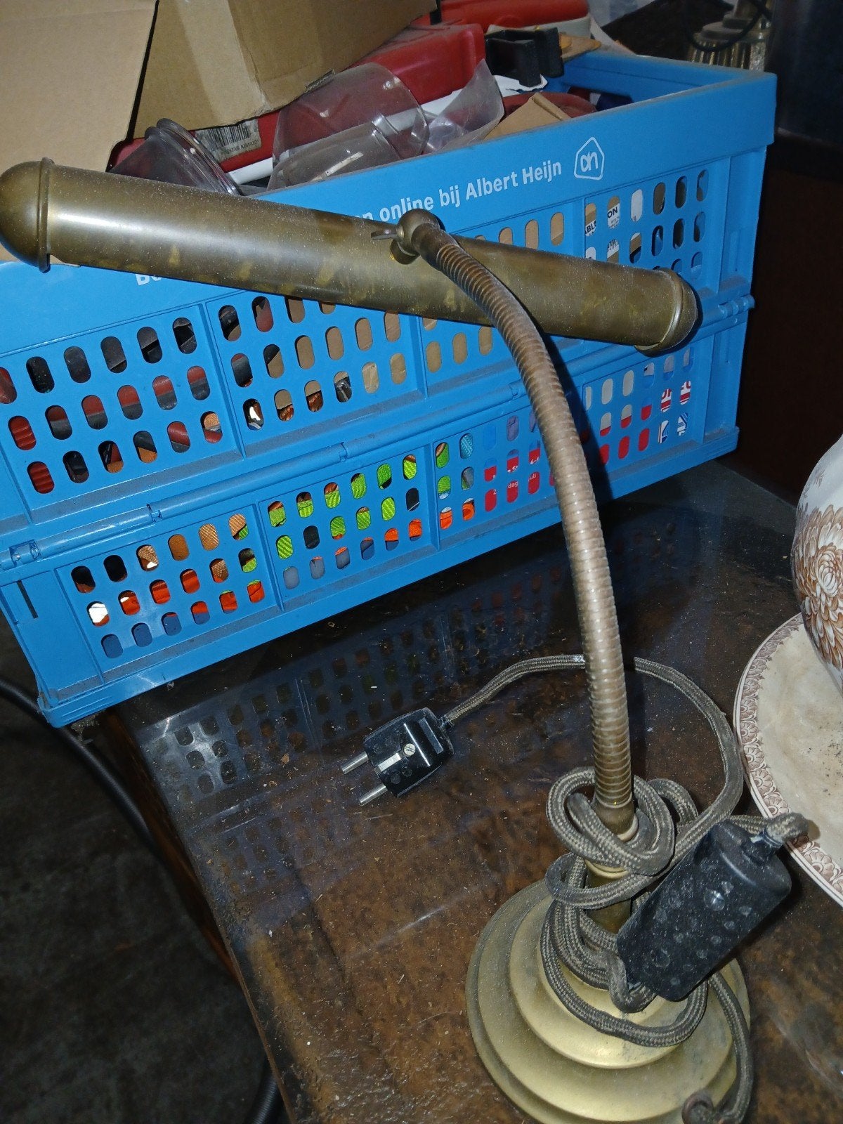 Vintage messing bureaulamp met flexibele arm, Antiek en Kunst, Antiek | Lampen, Ophalen of Verzenden