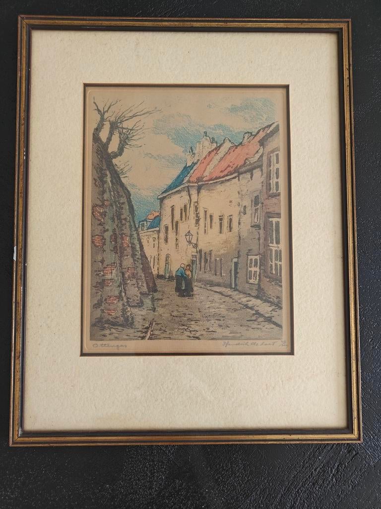 Stadsgezicht van Hendrik de Laat  ingelijst, Antiek en Kunst, Kunst | Etsen en Gravures, Ingelijst, Ets, Stadsgezicht, Ophalen of Verzenden