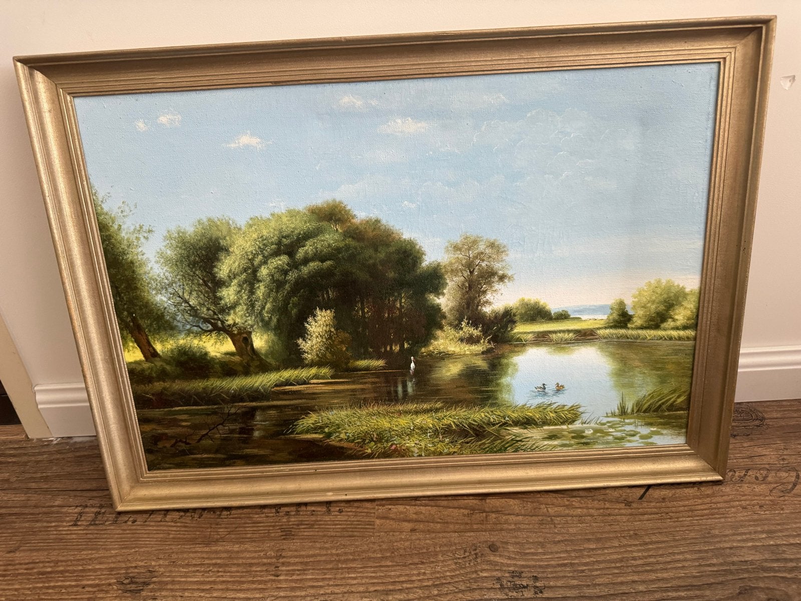 Schilderij Landschap met Water en Eenden - Olieverf, Ophalen, Gedateerd, Doek, Realistisch