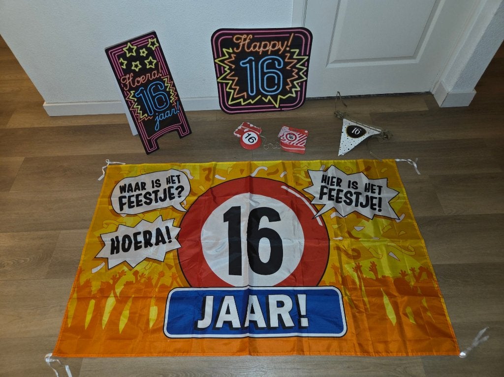 Hoera 16 Jaar Feestversiering Set, Ophalen, Zo goed als nieuw, Versiering, Verjaardag