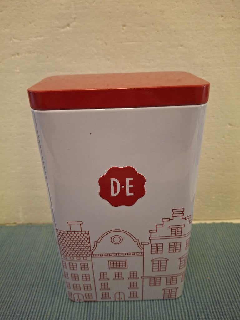 Douwe Egberts - mooi koffie blik met grachtenhuisjes, Ophalen of Verzenden, Zo goed als nieuw, Koffie, Douwe Egberts