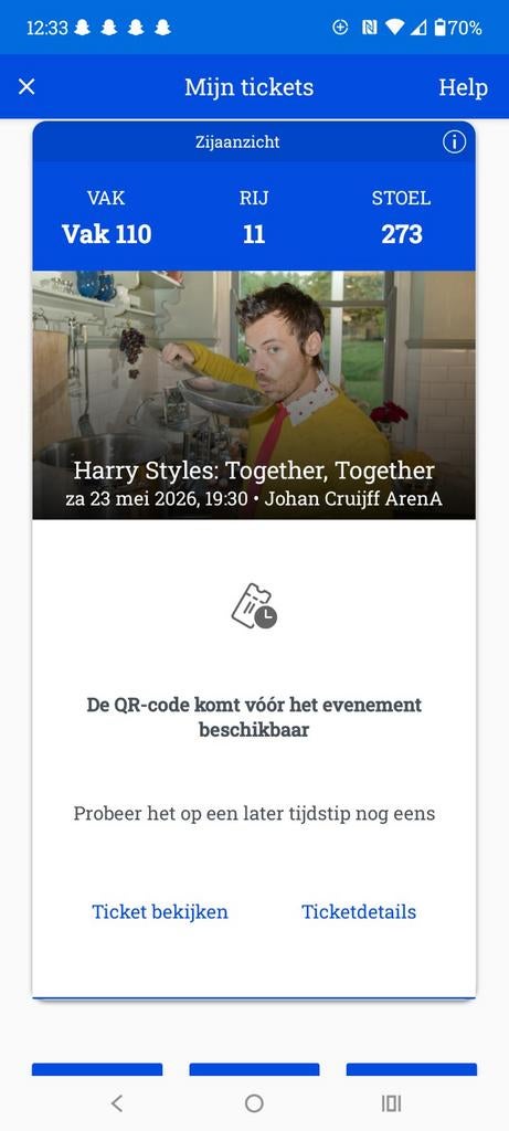 Zitplaats Harry Styles ticket Johan Cruijf Arena 23 mei 2026, Eén persoon, Ticket of Toegangskaart