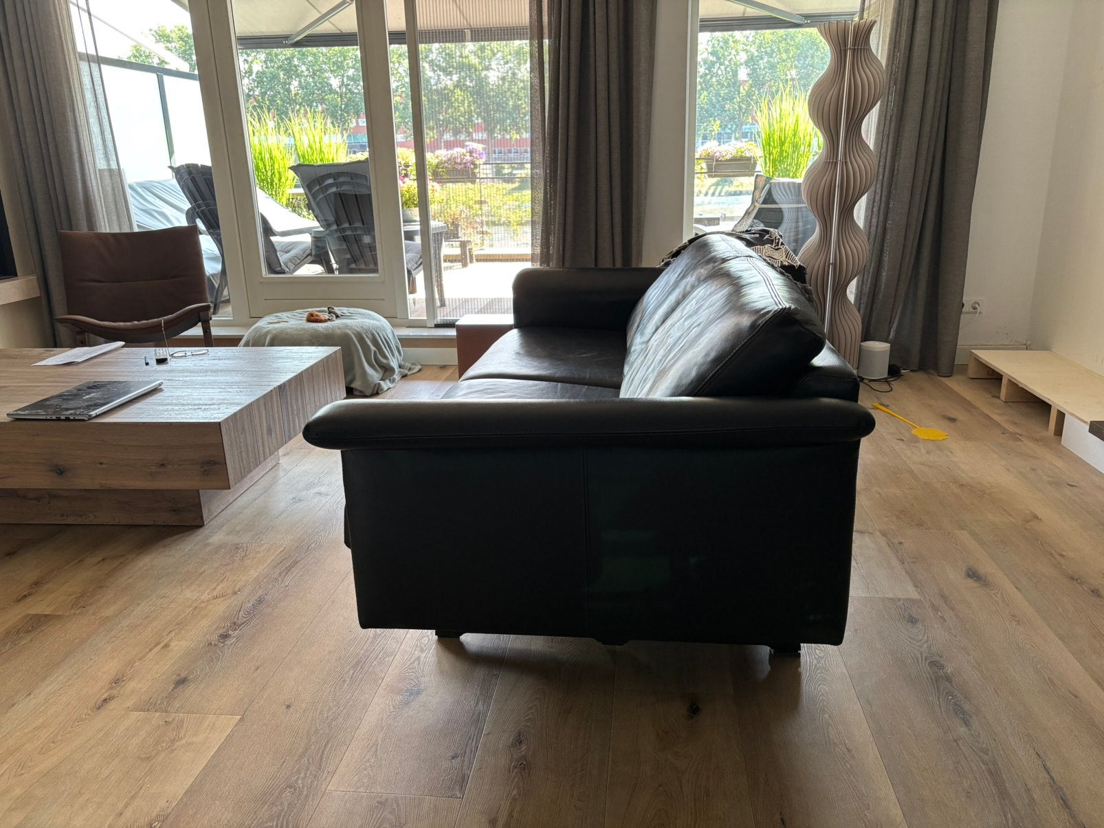 Bankstel zwart leer, Ophalen, Driepersoons, Zo goed als nieuw, 200 tot 250 cm