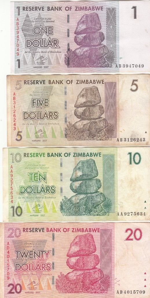 Zimbabwe 7 verschillende bankbiljetten 1 t/m 1000 Dollars, Ophalen of Verzenden, Zimbabwe, Setje
