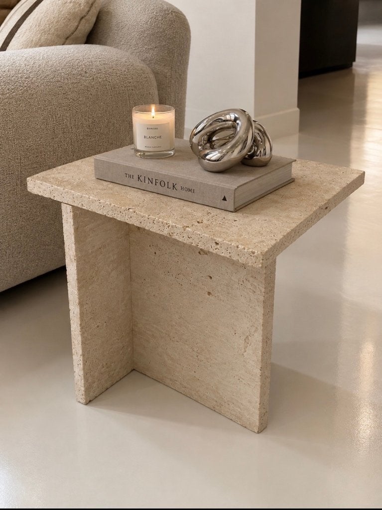 Stenen Sidetable Bijzettafel Travertin, Huis en Inrichting, Ophalen, Overige materialen, 50 tot 100 cm, Rond