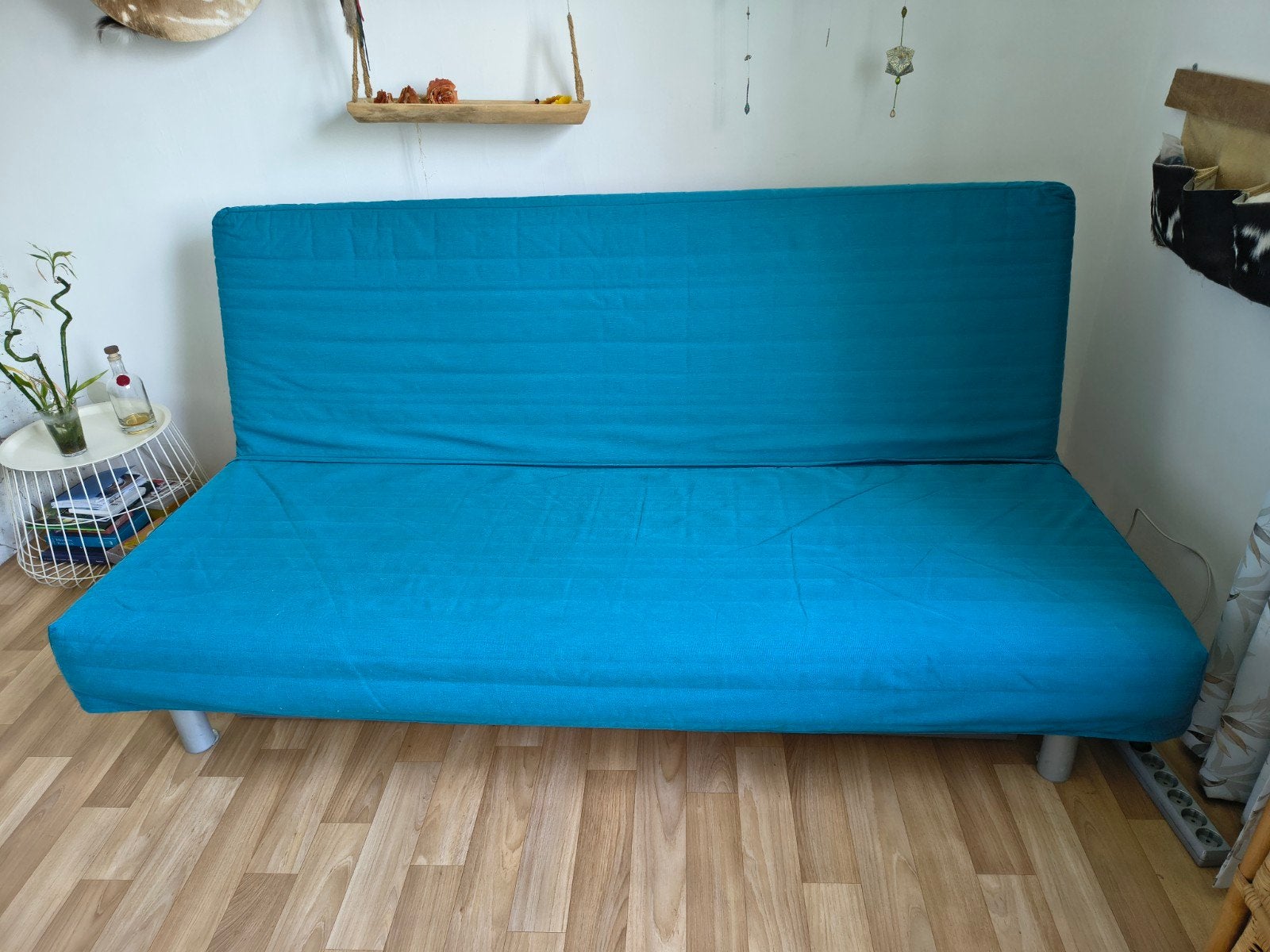Ikea Bedbank (logeerbed) turquoise met opbergruimte, Ophalen, Blauw, 140 cm, Twijfelaar