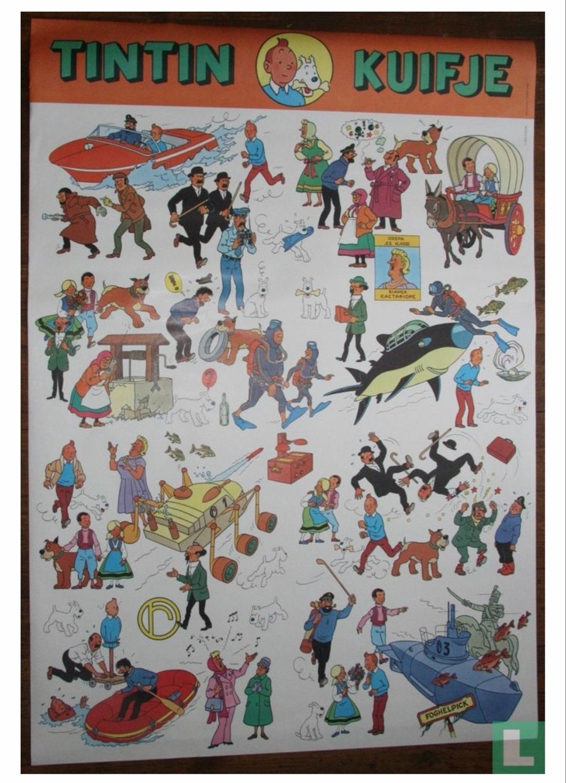 Vintage Kuifje Poster - Tintin en zijn vrienden Haaienmeer, Ophalen, Kuifje, Gebruikt, Plaatje, Poster of Sticker