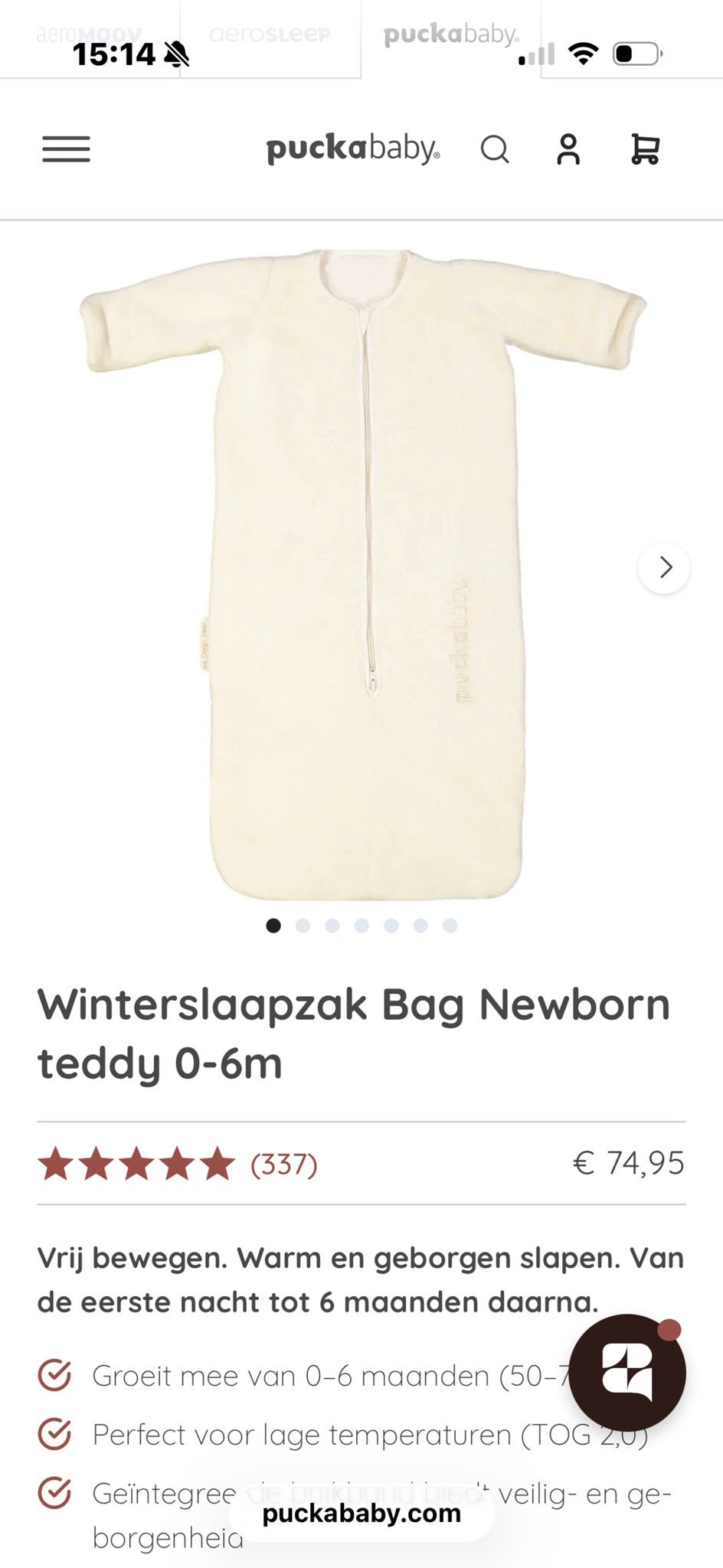 Puckababy Winterslaapzak Bag Newborn Teddy 0-6m, Inclusief buikband, Puckababy, Ophalen of Verzenden, Zo goed als nieuw