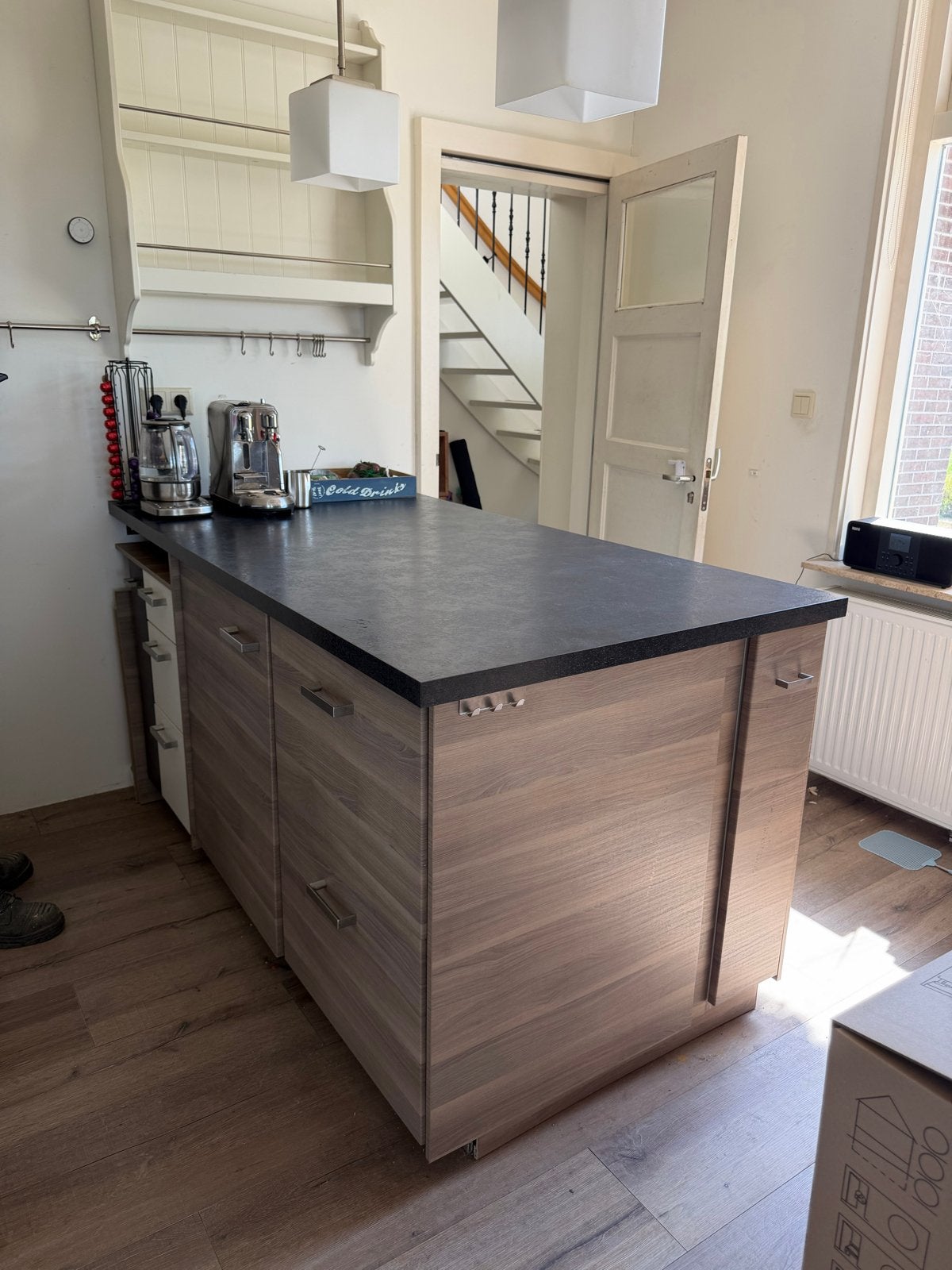 Keukeneiland houtlook/ wit met zwart blad, veel kastruimte, Ophalen, Gebruikt, Bruin, 75 cm of meer