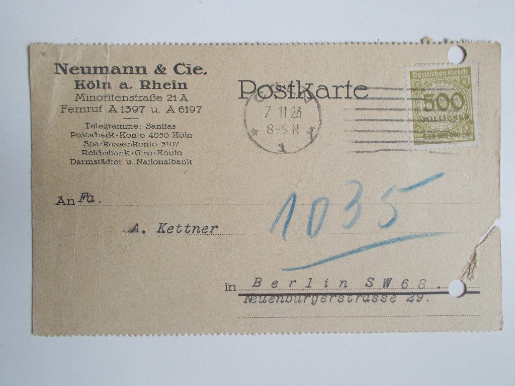 Duitse Rijk, Postkaart Met Postzegel In Walzendruck 1923., Ophalen, Briefkaart