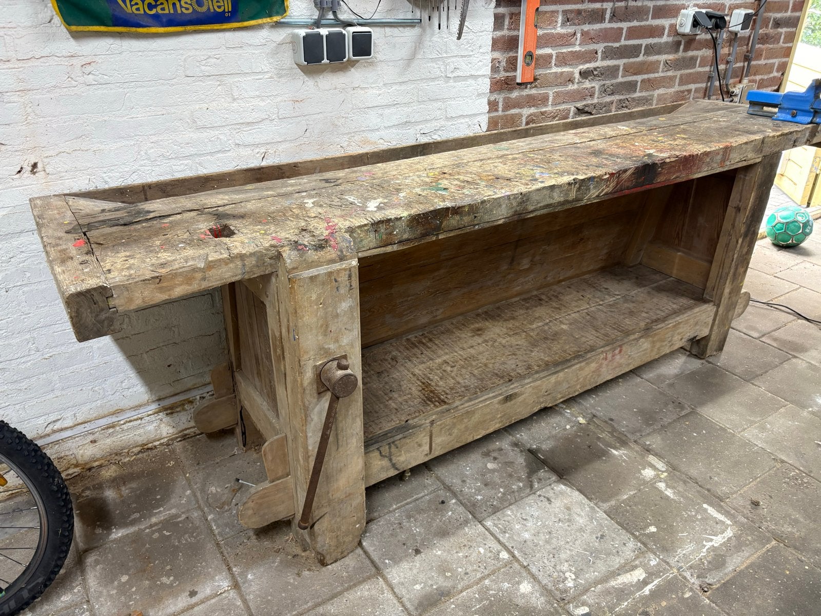 Antieke houten werkbank met bankschroef, Ophalen, Gebruikt, 170 cm of meer, Bankschroef
