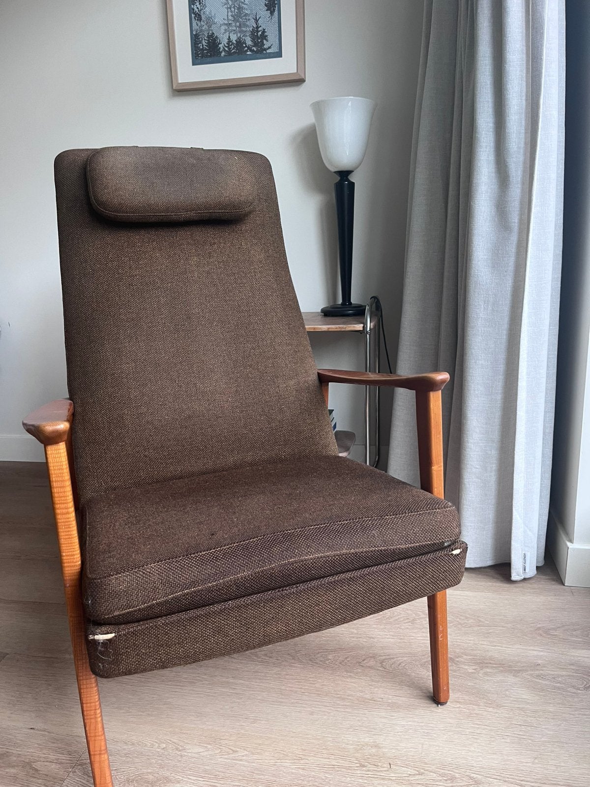 hoge leunstoel vintage design classic scandinavisch, Huis en Inrichting, Fauteuils, Ophalen, Gebruikt, Minder dan 75 cm, Stof