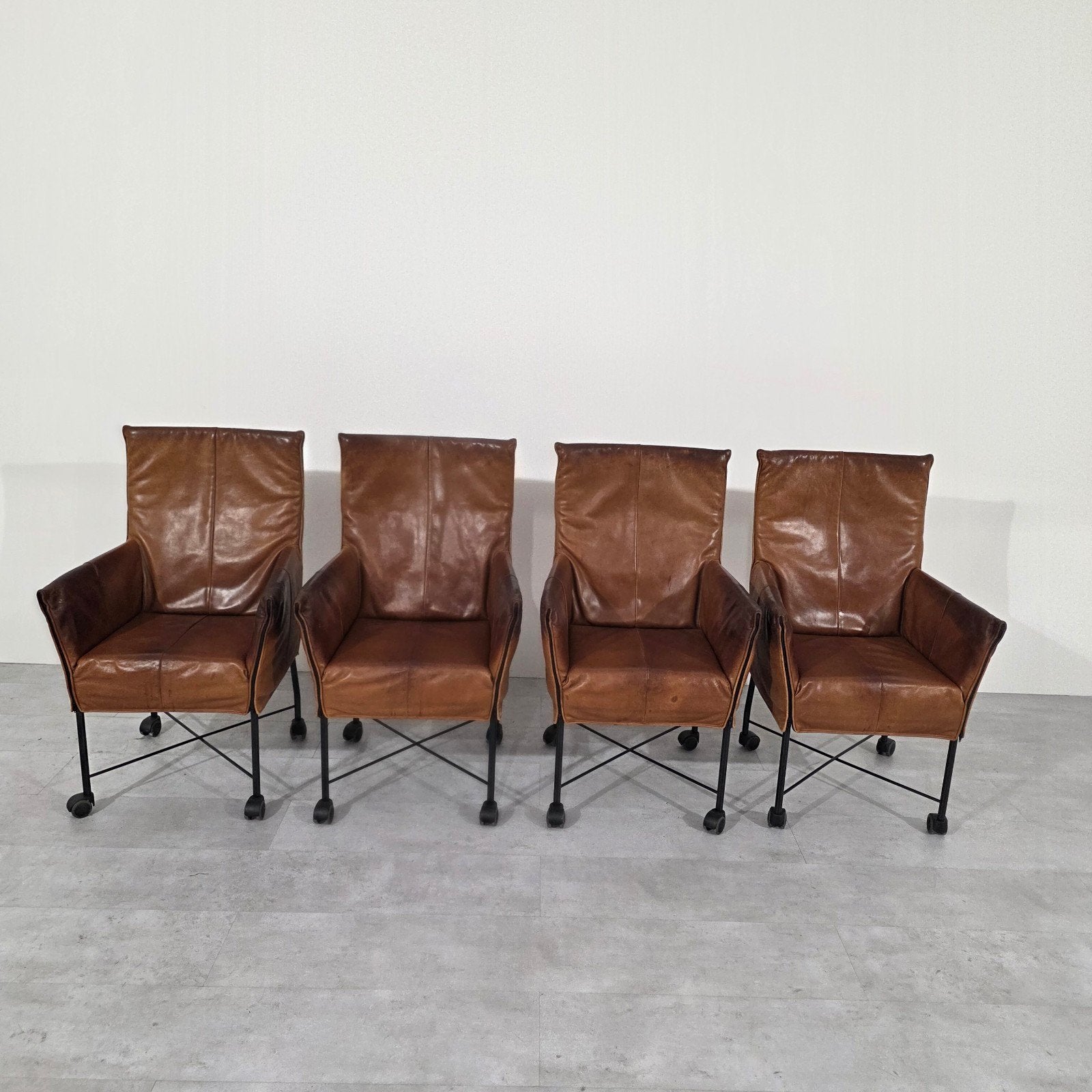 4x Montis Chaplin eetkamerstoelen - cognac leer, Gebruikt, Bruin, Ophalen of Verzenden, Vier
