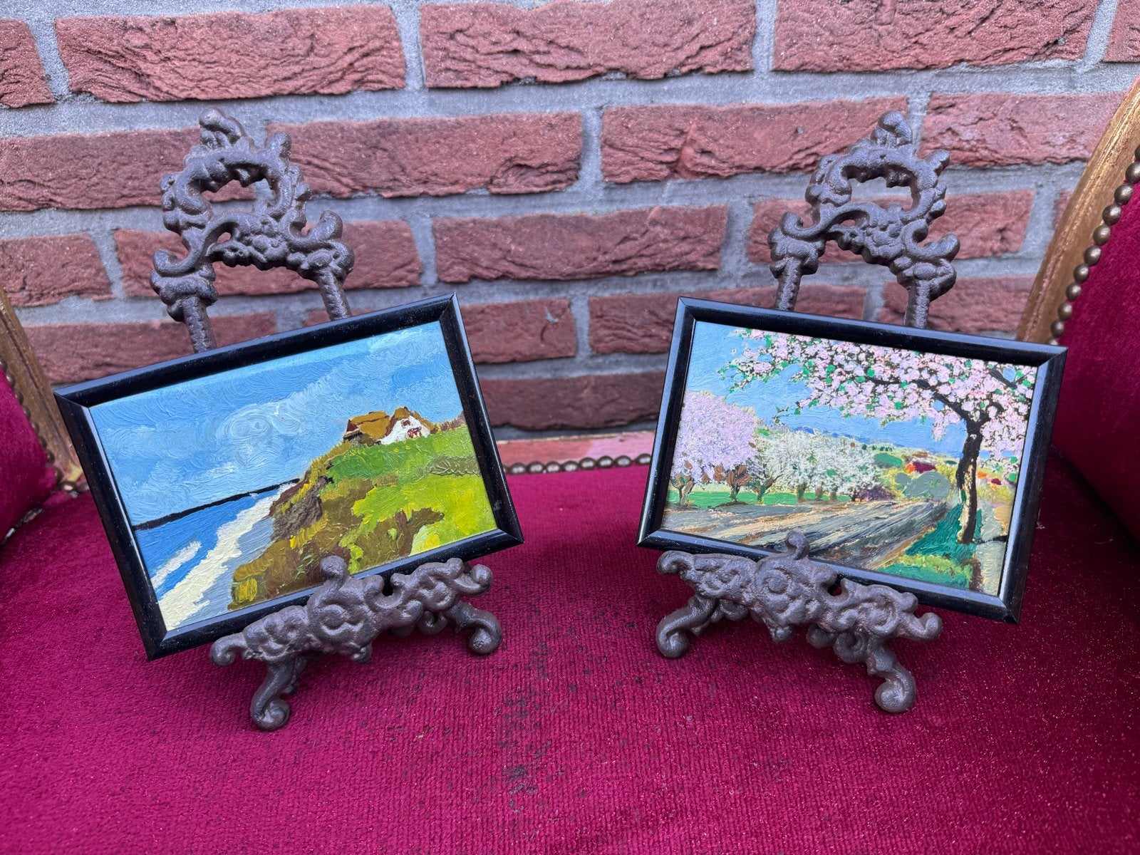 2 Miniatuur Schilderijtjes met Gietijzeren Houders, Maritiem / water, Impressionistisch, Ophalen of Verzenden, Olieverf