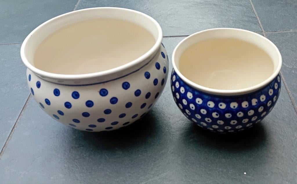 Set van 2 keramische bloempotten, blauw-wit gestippeld, Huis en Inrichting, Woonaccessoires | Vazen, Ophalen of Verzenden, Overige kleuren