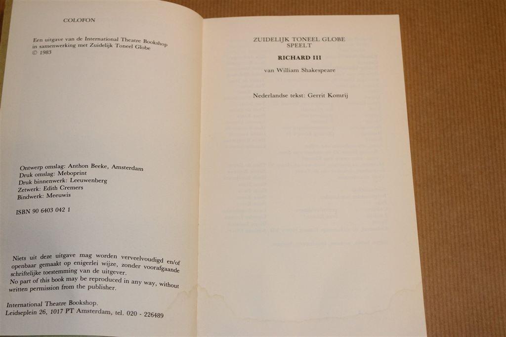 Richard III — Zuidelijk Toneel Globe / Vertaling Gerrit Komr, Boeken, Ophalen of Verzenden, Gelezen