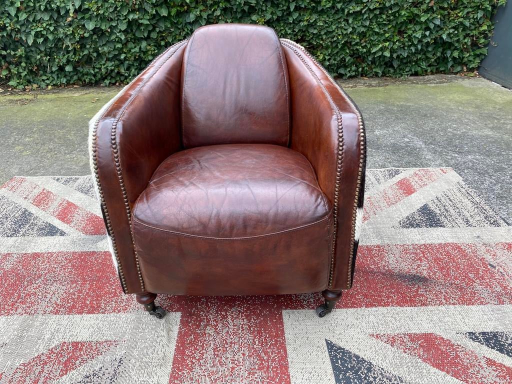 Aviator bruin generfde leren / Koeienhuid fauteuil !!!, Huis en Inrichting, Fauteuils, Gebruikt, Hout, Leer, 50 tot 75 cm, 75 tot 100 cm
