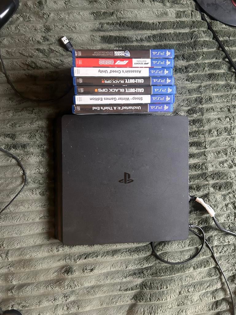 PS4 Slim 1TB met controller, headset en monitor, Gebruikt, Ophalen of Verzenden, 1 TB, Met 1 controller