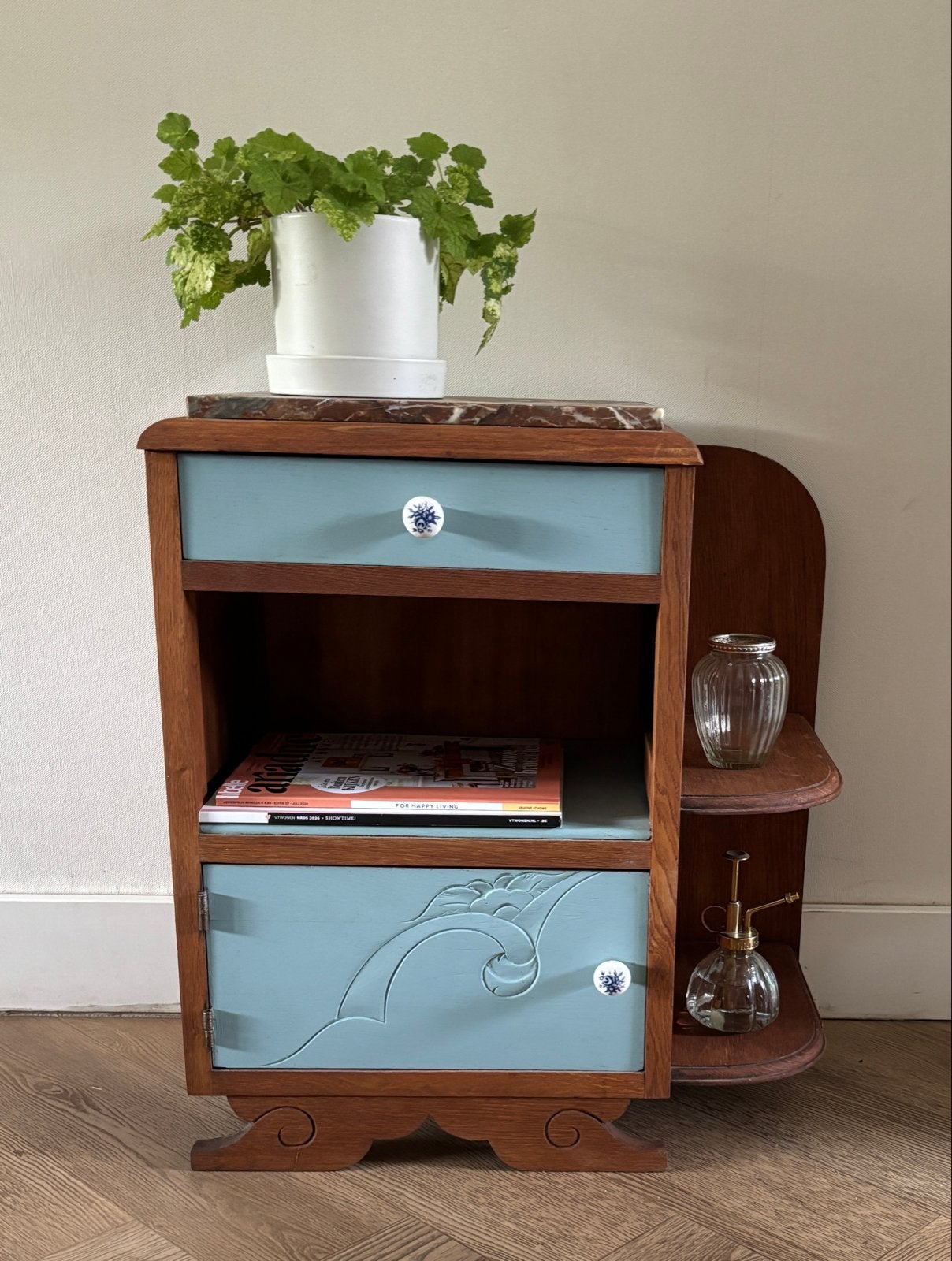 Vintage nachtkastje met marmeren blad en lade, Antiek en Kunst, Ophalen of Verzenden