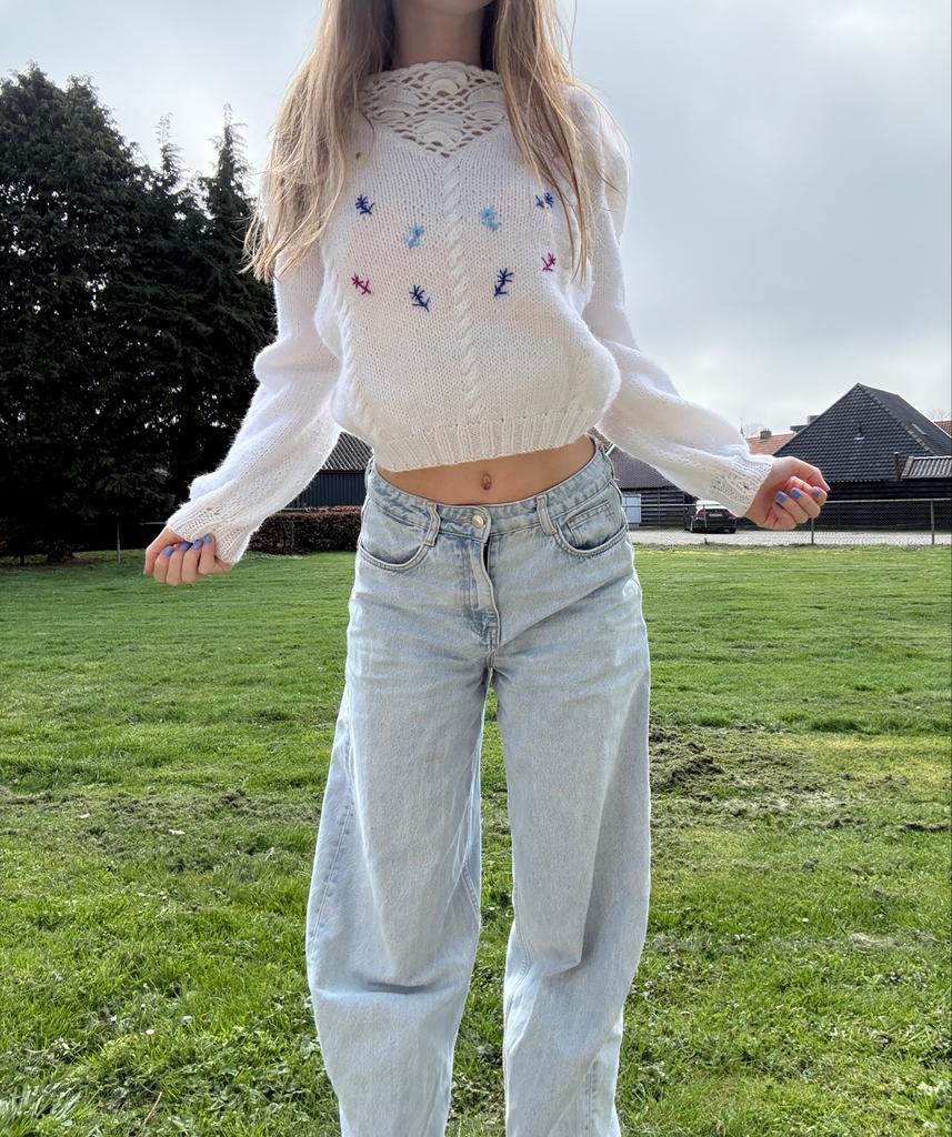 Handgemaakte Witte Wollen Sweater Maat S-M, Wit, Ophalen of Verzenden, Maat 36 (S), Gedragen