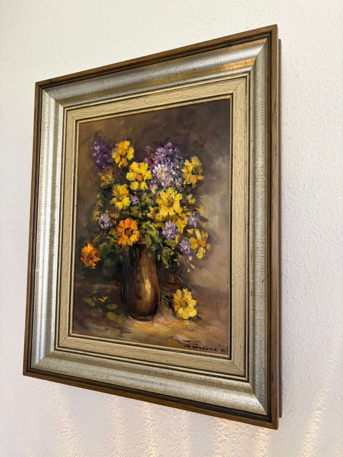 Schilderij Ton Ancone bloemen op vaas, Bloemen, Realistisch, Bijzondere lijst, Olieverf