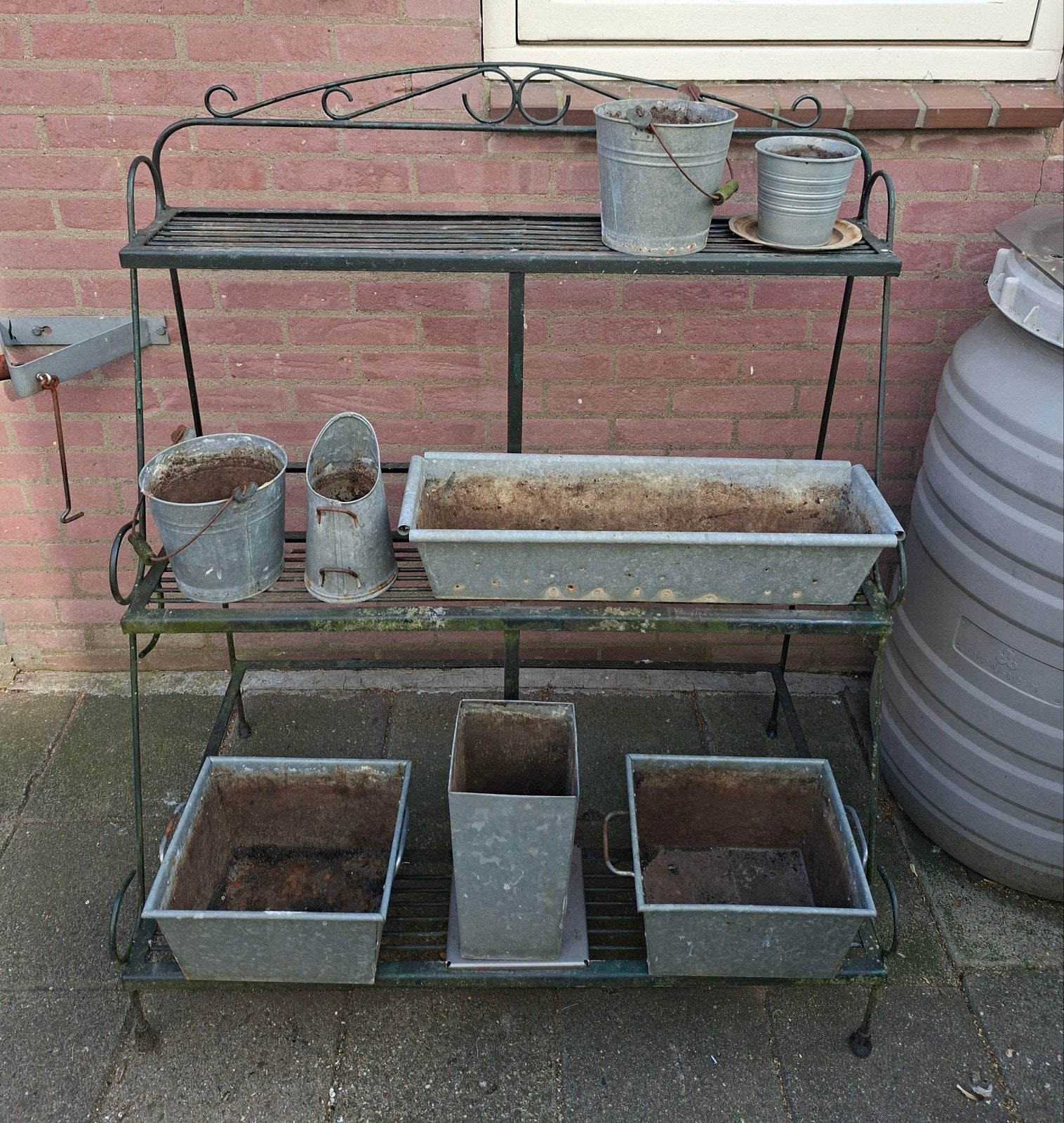 Metalen plantenrek met zinken bakken en emmers, Ophalen, Gebruikt, 100 cm of meer, Metaal