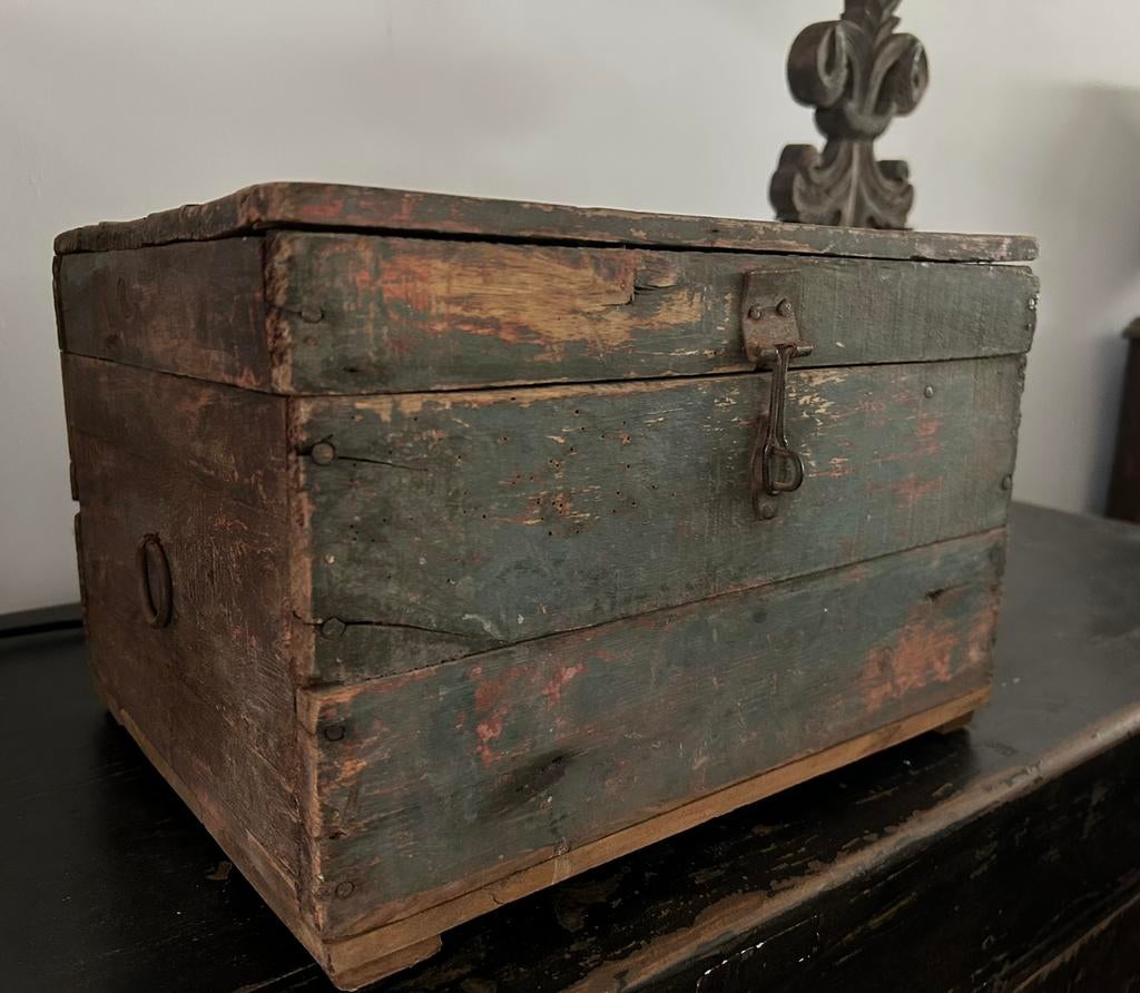 Oud patina houten kistje sober sleets oosters India, Ophalen of Verzenden