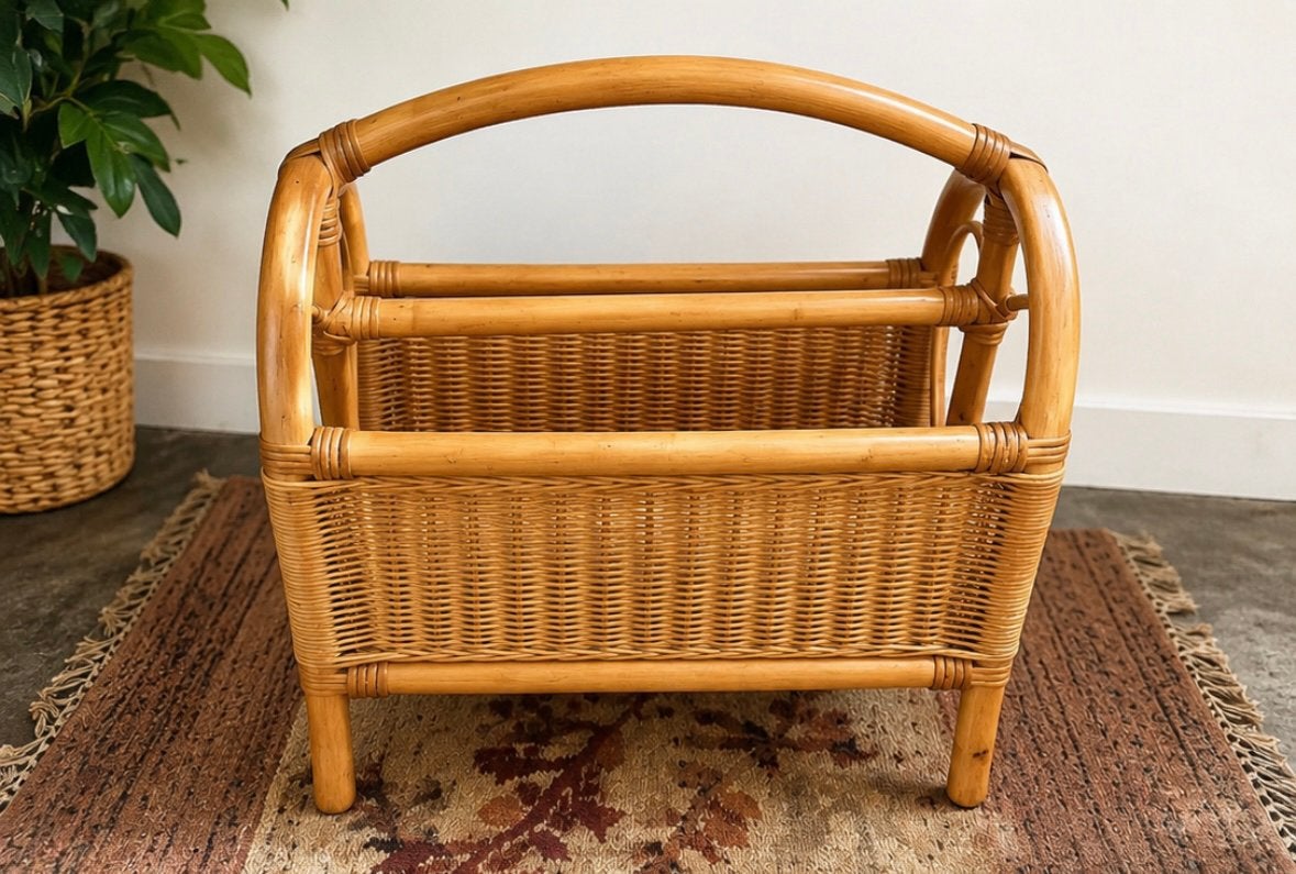 Vintage Rotan Krantenbak /Lectuurbak –Boho Tijdschriftenrek, Ophalen, Zo goed als nieuw