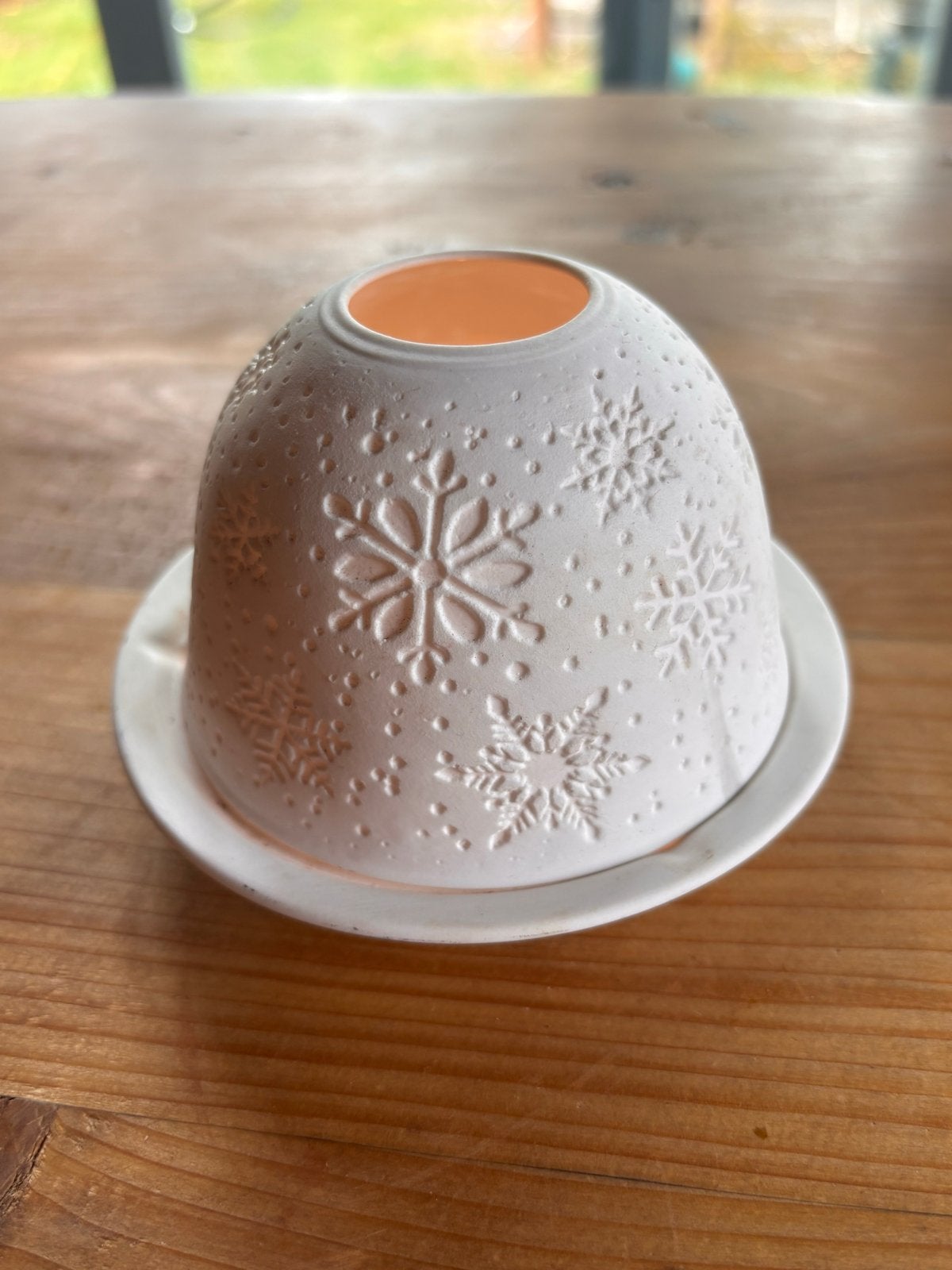 Witte waxinelichthouder met sneeuwvlokken, Huis en Inrichting, Ophalen, Wit, Waxinelichthouder, Zo goed als nieuw