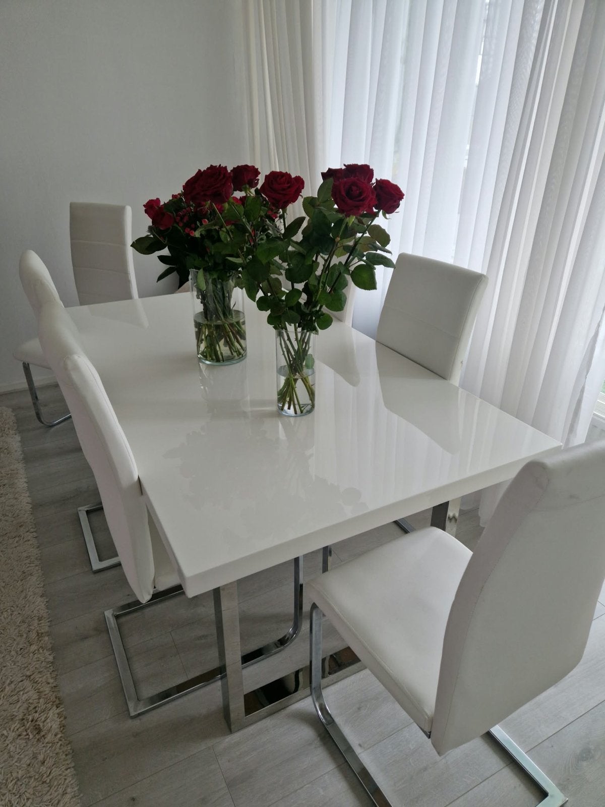 Witte hoogglans eettafel met 6 stoelen, Ophalen, Gebruikt, Wit, Metaal