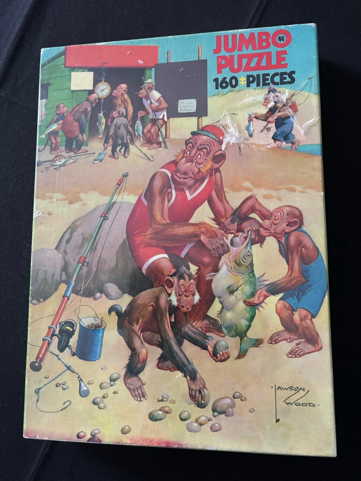 Vintage Jumbo Puzzel 160 Stukjes - Vissende Apen, Ophalen of Verzenden, Minder dan 500 stukjes, Gebruikt, Legpuzzel