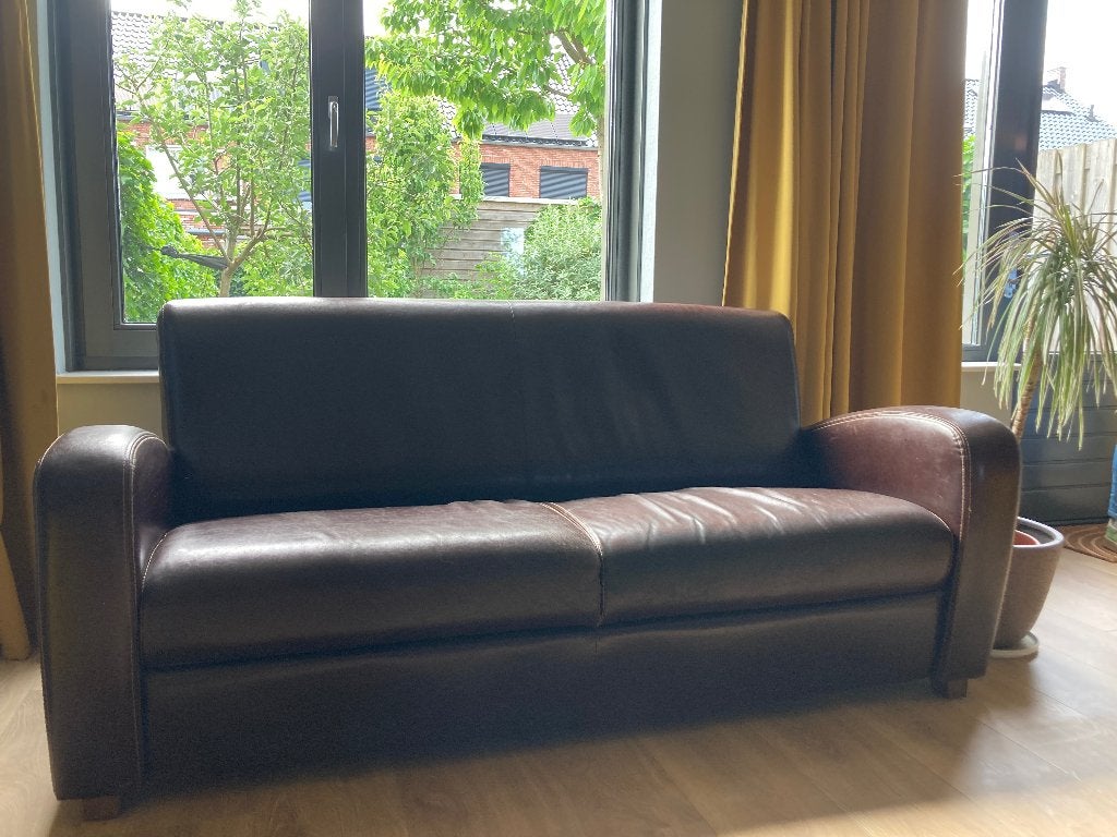 Bruine leren bank (187*80*87), Huis en Inrichting, Banken | Bankstellen, Ophalen, Gebruikt, 150 tot 200 cm, Tweepersoons