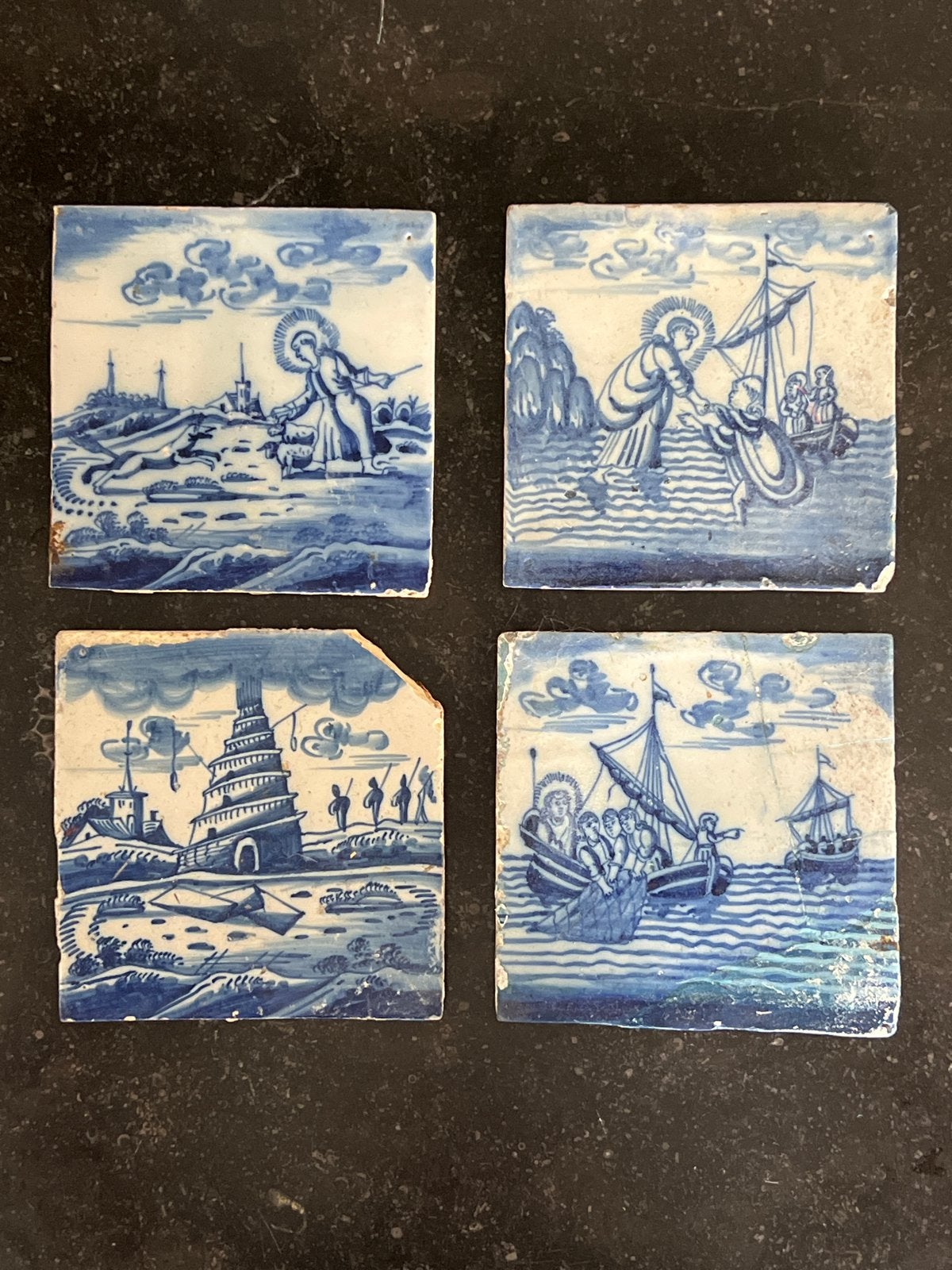 Set van 4 antieke Hollandse Delftsblauwe tegels, Bijbelse ta, Antiek en Kunst, Antiek | Wandborden en Tegels, Ophalen of Verzenden