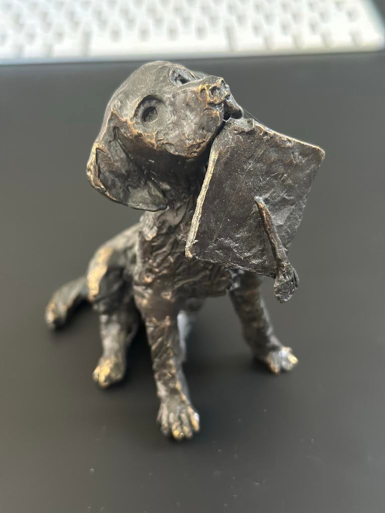 Serie bronzen beelden: Hondjes met afstudeerhoed, Minder dan 20 cm, Ophalen of Verzenden, Beeld, Bruin