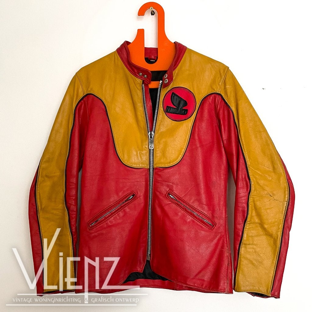 Vintage, retro leren motorjas, motorjack - rood/geel, Ophalen of Verzenden, Persoonlijke verzorging