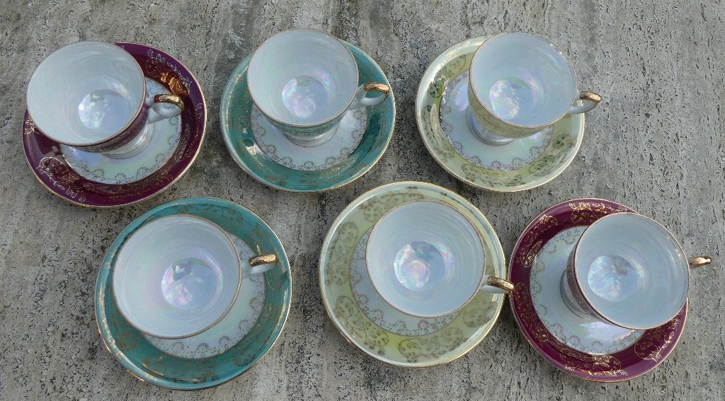 Set 6 Parelmoer Koppen en Schotels met Gouden Bloem Kado Tip, Overige merken, Nieuw, Ophalen of Verzenden, Overige stijlen