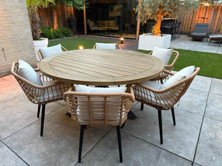 4 seasons tafel ø 160 cm met 6 stoelen, Tuin en Terras, Tuinsets en Loungesets, Ophalen, Eettafel, 6 zitplaatsen, Teakhout