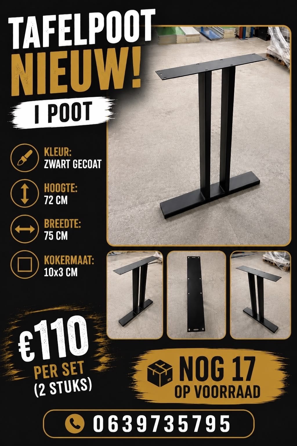 Nieuwe zwarte I-tafelpoten, 72x75 cm, per set